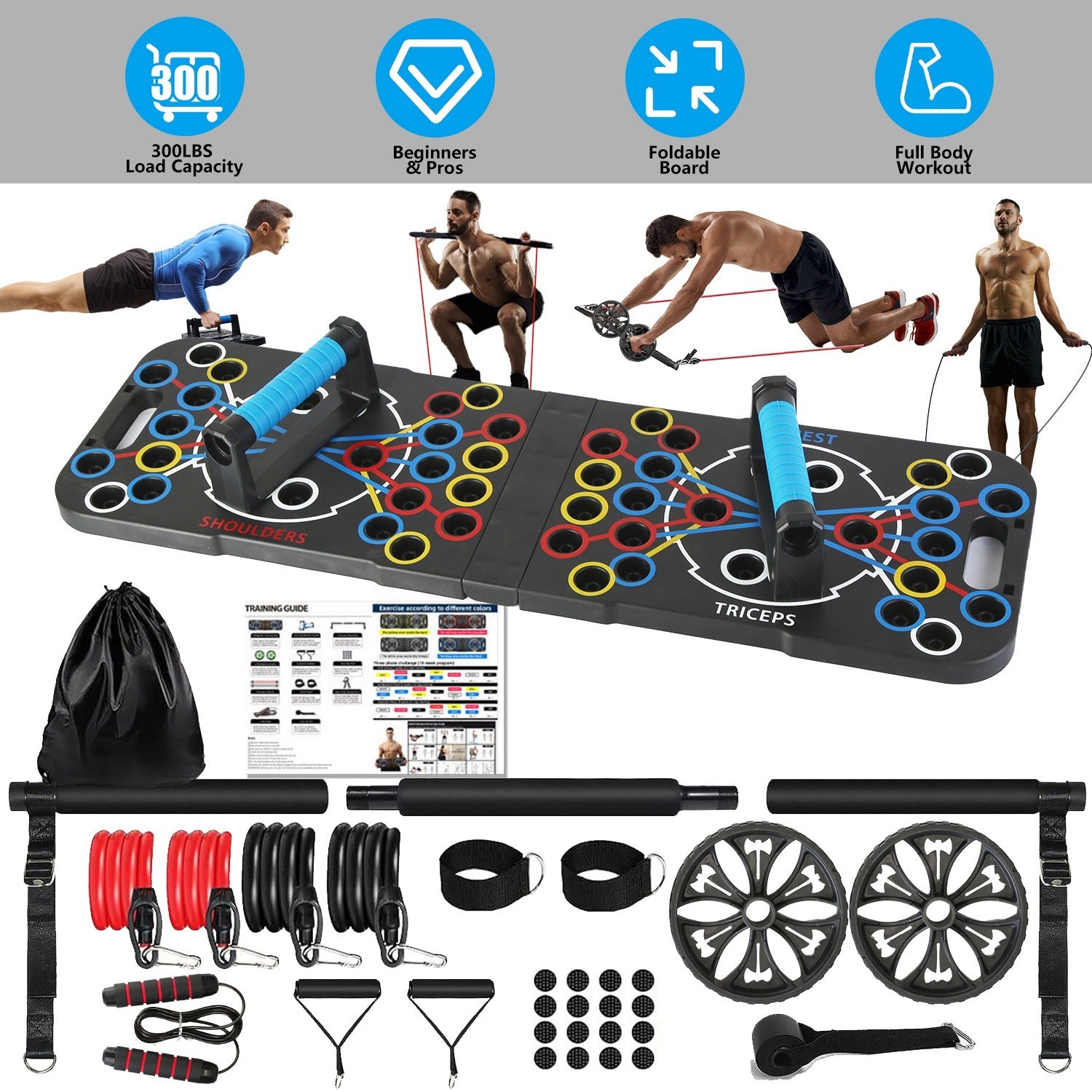 Tabla de flexiones multifuncional, equipo de entrenamiento de fuerza para el hogar con 15 accesorios de fitness, barra de pilates, banda de resistencia, rodillo, rueda, entrenamiento de cuerpo completo, equipo de gimnasio para el hogar.